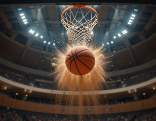 3D Slow Motion Basketball Flying into Hoop with Motion Blur