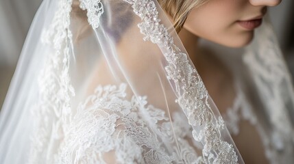 Close-up of a bride's delicate, sheer veil adorned with intricate lace and subtle beading, partially obscuring her face and shoulders, showcasing elegant wedding attire