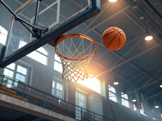 Realistic 3D Basketball Mid-Air Above the Hoop