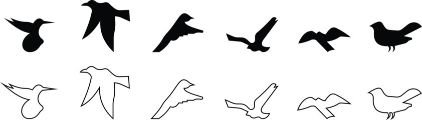 Birds icon set, Flying birds, animals, black silhouette, monochrome bird logo, abstract sticker on house wall or glass, Printable, protect birds from impact vector symbols, template designs art 