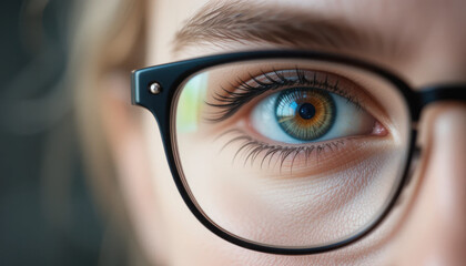 Close-up View of an Eye with Vibrant Colors and Clear Glasses, Focused on Detail and Depth of Field, Captivating Gaze