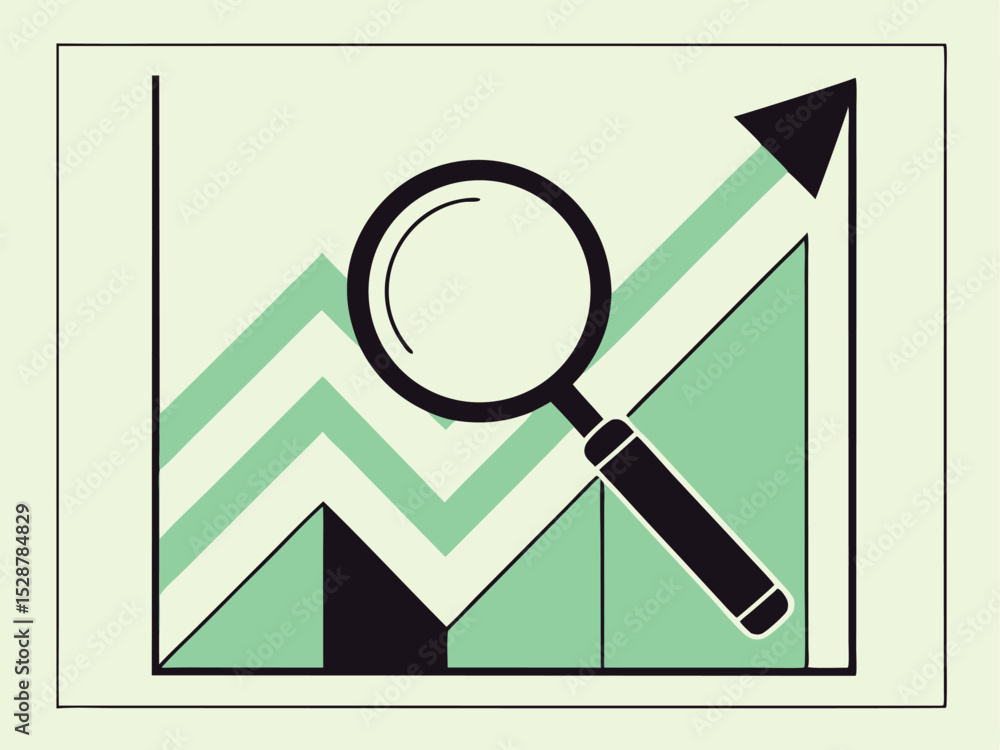 Poster conceptual illustration of business analysis examining rising market data with magnifying glass over