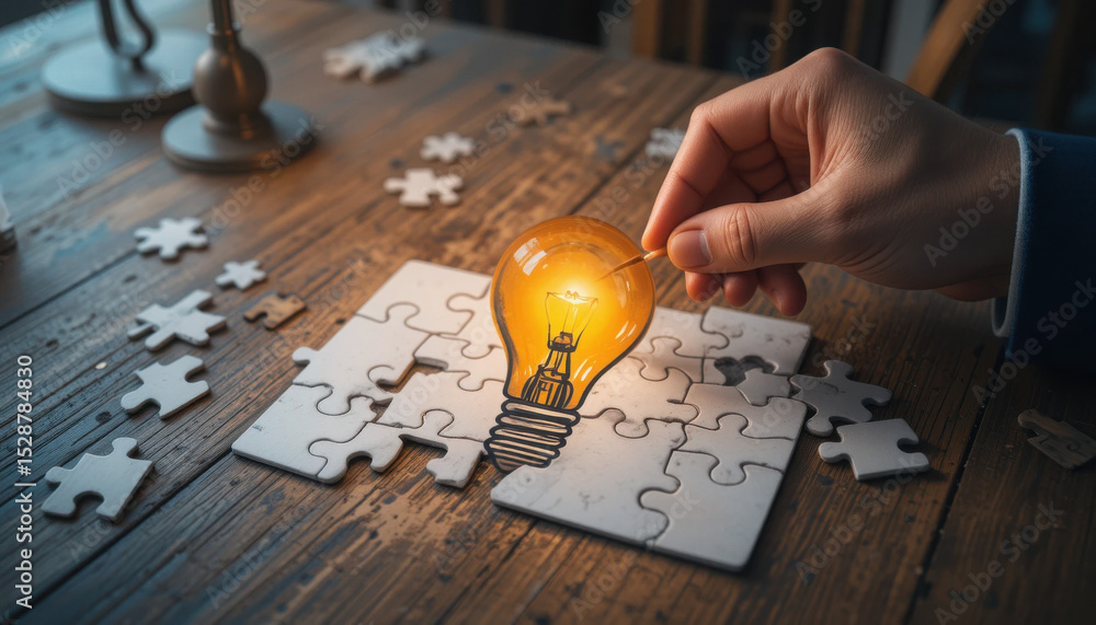 Poster creative concept of problem solving with puzzle pieces and light bulb representing ideas and innovat