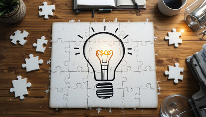 Creative illustration of a light bulb drawing emerging from jigsaw puzzle pieces on a wooden table with stationery and coffee