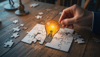 Creative Concept of Problem Solving with Puzzle Pieces and Light Bulb Representing Ideas and Innovation in a Rustic Setting