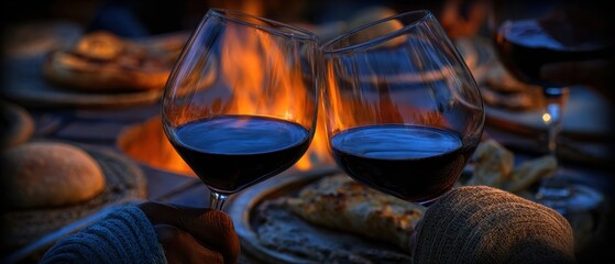Wine glasses by a campfire