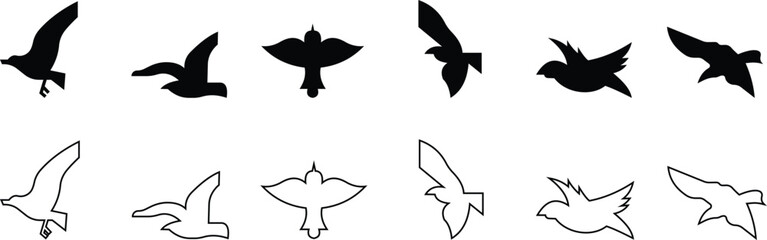 Birds icon set, Flying birds, animals, black silhouette, monochrome bird logo, abstract sticker on house wall or glass, Printable, protect birds from impact vector symbols, template designs art 