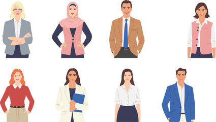 Diverse business professionals, corporate team portraits, office workers in formal attire, multicultural employees, modern workforce diversity, business attire  flat vector illustration