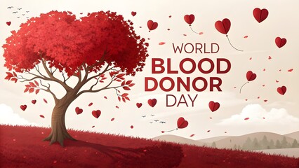 Celebrating World Blood Donor Day with love and gratitude under a radiant heart filled tree with a soft pastel landscape