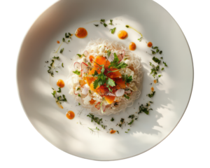 Fresh vegetable noodle salad with carrot and herb garnish