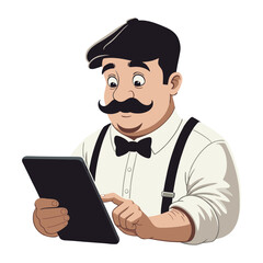 Retro Bartender or Waiter Using Digital Tablet, Vector Cartoon Illustration. Represents Modern Technology in Hospitality