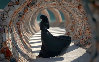 Woman in flowing gown, stone archway