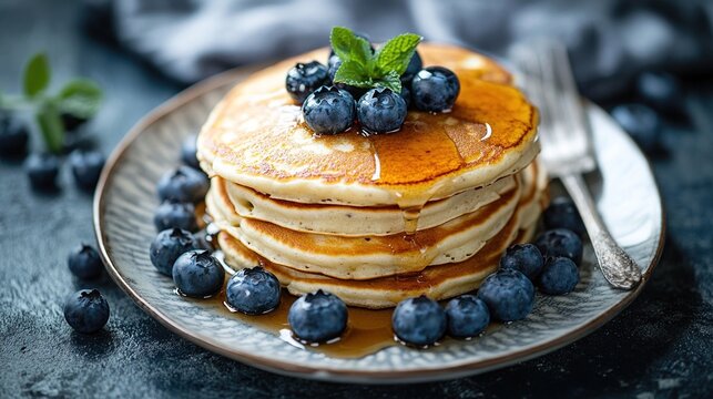 A stack of golden-brown pancakes, drizzled with syrup and topped with fresh blueberries and a sprig of mint, sits on a gray plate surrounded by more blueberries