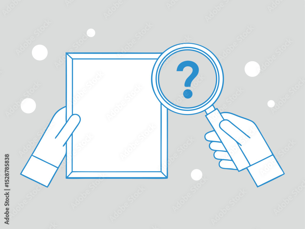 Aufkleber conceptual illustration of a question mark inside a magnifying glass inspecting a blank frame held b