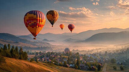 Balloons over misty mountains background image