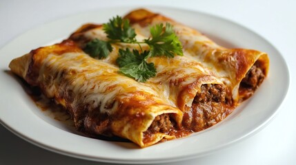 Three cheese-covered enchiladas with meat filling, arranged on a white plate, garnished with fresh cilantro, set against a bright white background