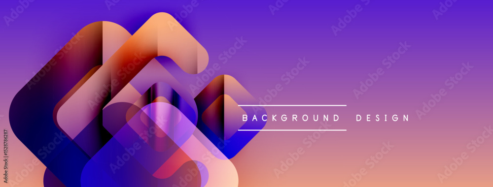 Poster abstract geometric shapes overlap, creating vibrant gradient effect. purple, orange hues dominate co