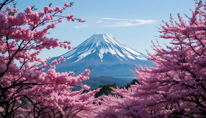 Vibrant Cherry Blossoms in Full Bloom with Mount Fuji in the Background, Capturing the Beauty of Spring and Nature's Harmony