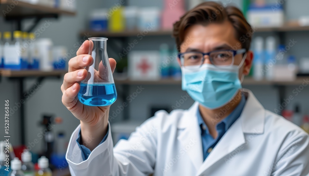Poster scientist in a lab coat holding a flask with blue liquid, wearing a mask in a laboratory setting.