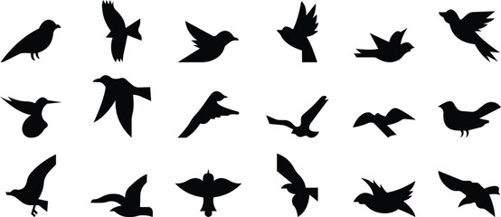 Birds icon set, Flying birds, animals, black silhouette, monochrome bird logo, abstract sticker on house wall or glass, Printable, protect birds from impact vector symbols, template designs art 