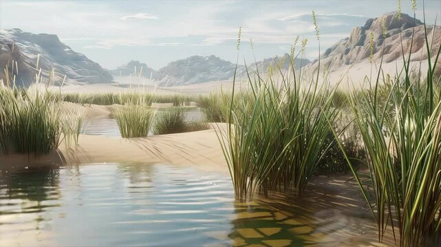 Desert oasis with tall grasses and water, surrounded by sand dunes