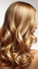 Beautiful blonde hair styled in soft waves, showcasing a shiny and healthy appearance.