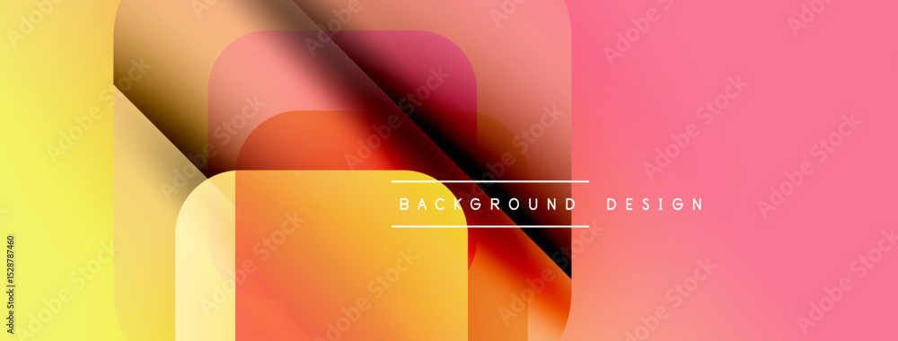Poster abstract geometric shapes overlap, creating vibrant color gradients. yellow, orange, pink hues domin