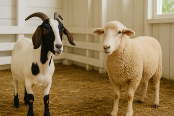 Fototapeta premium Adorable Goat and Sheep Together in a Barn Farm Animals Domestic Animals Agriculture Livestock