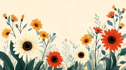 70s inspired flat floral arrangement, oversized daisies and sunflowers in earthy tones, layered on a pale tan background, clean geometric layout. Created Using: vector graphics, mid-century modern,