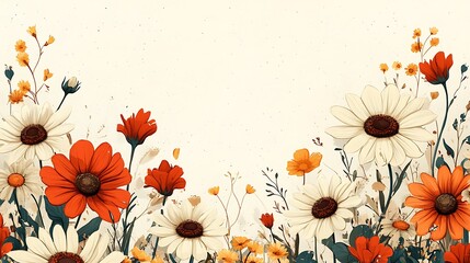 70s inspired flat floral arrangement, oversized daisies and sunflowers in earthy tones, layered on a pale tan background, clean geometric layout. Created Using: vector graphics, mid-century modern,