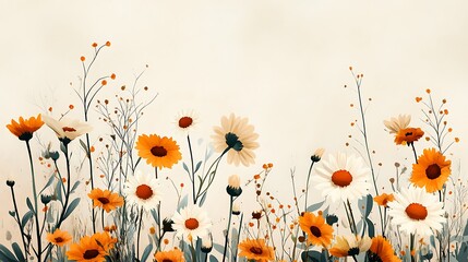 70s inspired flat floral arrangement, oversized daisies and sunflowers in earthy tones, layered on a pale tan background, clean geometric layout. Created Using: vector graphics, mid-century modern,