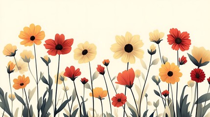 70s inspired flat floral arrangement, oversized daisies and sunflowers in earthy tones, layered on a pale tan background, clean geometric layout. Created Using: vector graphics, mid-century modern,