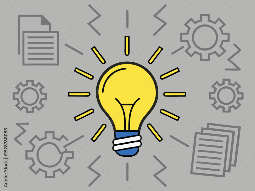 Poster an illuminated lightbulb representing a brilliant idea with associated elements like gears documents