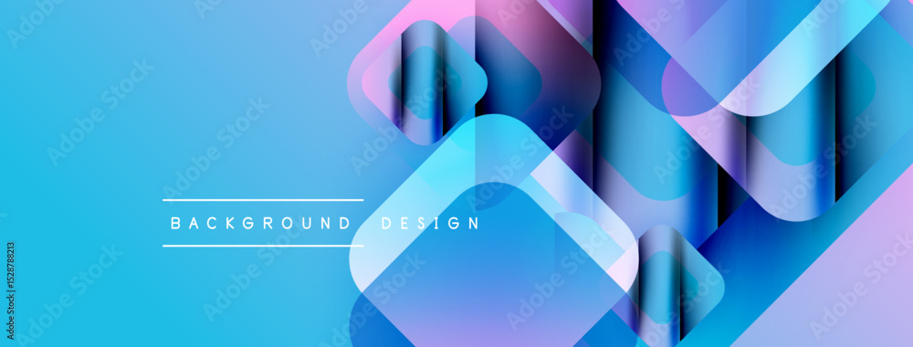 Fototapete Abstract geometric shapes overlap, creating vibrant blue, purple gradients. Modern design elements suggest technology, innovation. Background features text labels.