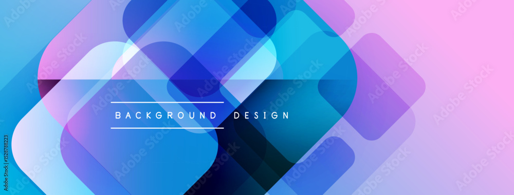 Poster abstract geometric shapes overlap, creating vibrant blue, purple gradients. modern design elements s