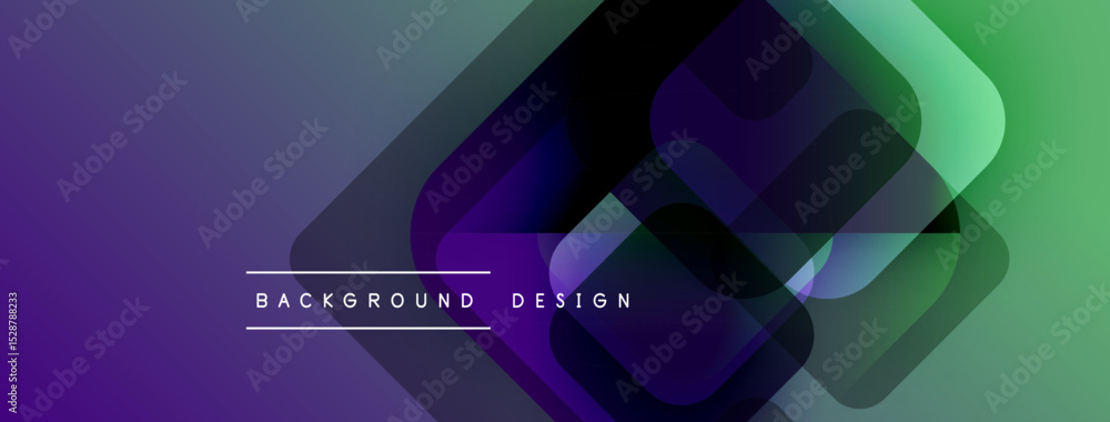Poster abstract geometric shapes overlap, creating vibrant purple, green gradient. modern design suitable f