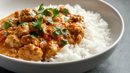 Creamy orange curry with chunks of meat and diced tomatoes served over fluffy white rice in a shallow white bowl.  Garnished with fresh cilantro
