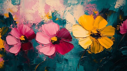 Abstract floral painting with bold splashes of magenta, yellow, and teal, geometric shapes blending into loose flower silhouettes, textured canvas background, vibrant and energetic.