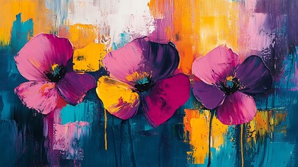Abstract floral painting with bold splashes of magenta, yellow, and teal, geometric shapes blending into loose flower silhouettes, textured canvas background, vibrant and energetic.