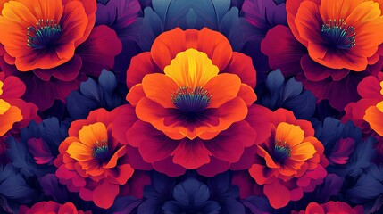 Abstract floral pattern, repeating stylized blooms in bold reds, oranges, and purples, geometric overlays, high-energy, rhythmic composition. Created Using: vector art, pattern design,