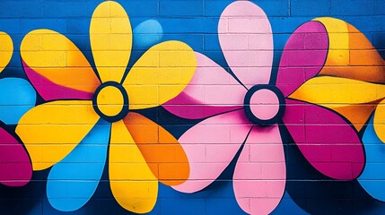 Abstract floral mural, giant flower shapes in hot pink, electric blue, and sunny yellow, bold geometric lines, street art-inspired, playful urban vibe. Created Using: mural art, street style,