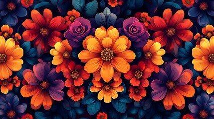 Abstract floral pattern, repeating stylized blooms in bold reds, oranges, and purples, geometric overlays, high-energy, rhythmic composition. Created Using: vector art, pattern design,