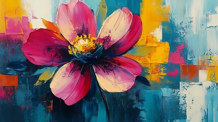 Abstract floral painting with bold splashes of magenta, yellow, and teal, geometric shapes blending into loose flower silhouettes, textured canvas background, vibrant and energetic.