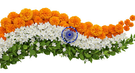 Vibrant floral Indian flag design with marigold, jasmine, and green leaves forming the tricolor, featuring the Ashoka Chakra. Perfect for Independence Day, Republic Day, national celebrations,