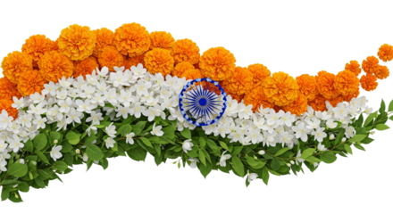 Vibrant floral Indian flag design with marigold, jasmine, and green leaves forming the tricolor, featuring the Ashoka Chakra. Perfect for Independence Day, Republic Day, national celebrations,