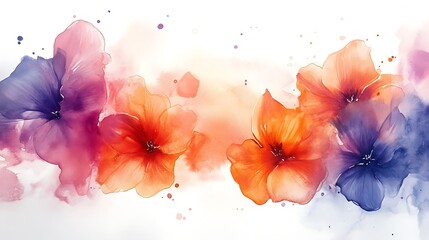 Abstract watercolor floral, fluid splashes of orange, fuchsia, and indigo forming loose blooms, soft gradients blending into white space, delicate yet expressive. Created Using: watercolor painting,