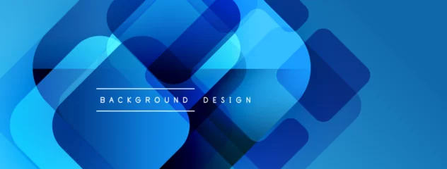 Gordijnen Abstract blue shapes overlap, creating dynamic modern background. Text reads background design. Gradient effect adds depth, visual interest. © antishock