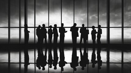 Silhouette of business team in meeting at sunset office setting