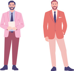 Stylish Businessmen in Pastel Suits: Colorful Professional Attire, Modern Office  flat vector illustration