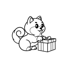 shiba inu holding a birthday gift box coloring book